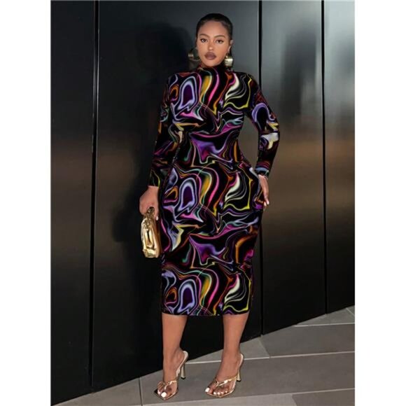 Long Sleeve Bodycon Dress, Extra Long Relaxed Fit Fall Club Party Maxi Pencil - Picture 4 of 6